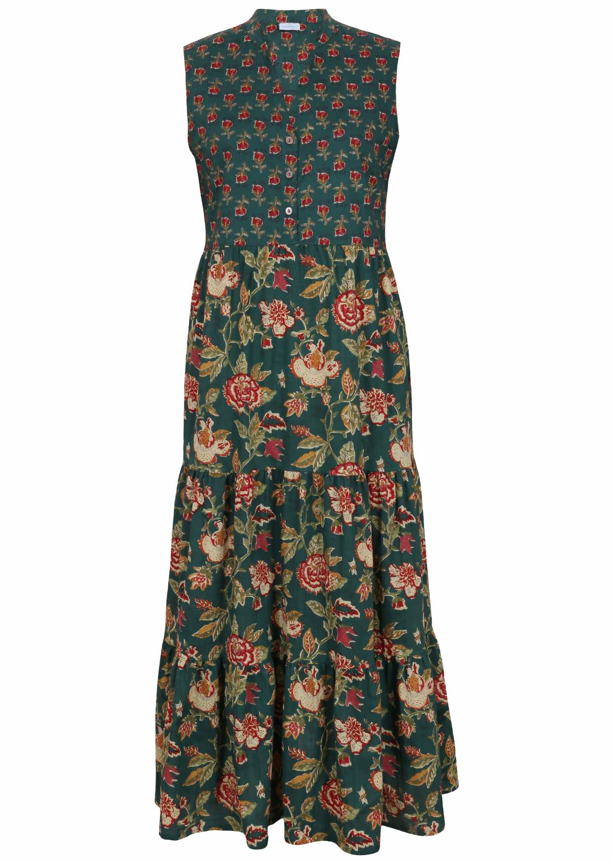 Sleeveless floral cotton maxi dress in bottle green with buttoned bodice, mandarin collar and 3 tiered maxi skirt