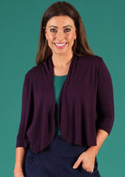 Bolero Cardi. open drape front 3/4 sleeve sits at waist length soft stretch rayon dark purple | Karma East Australia
