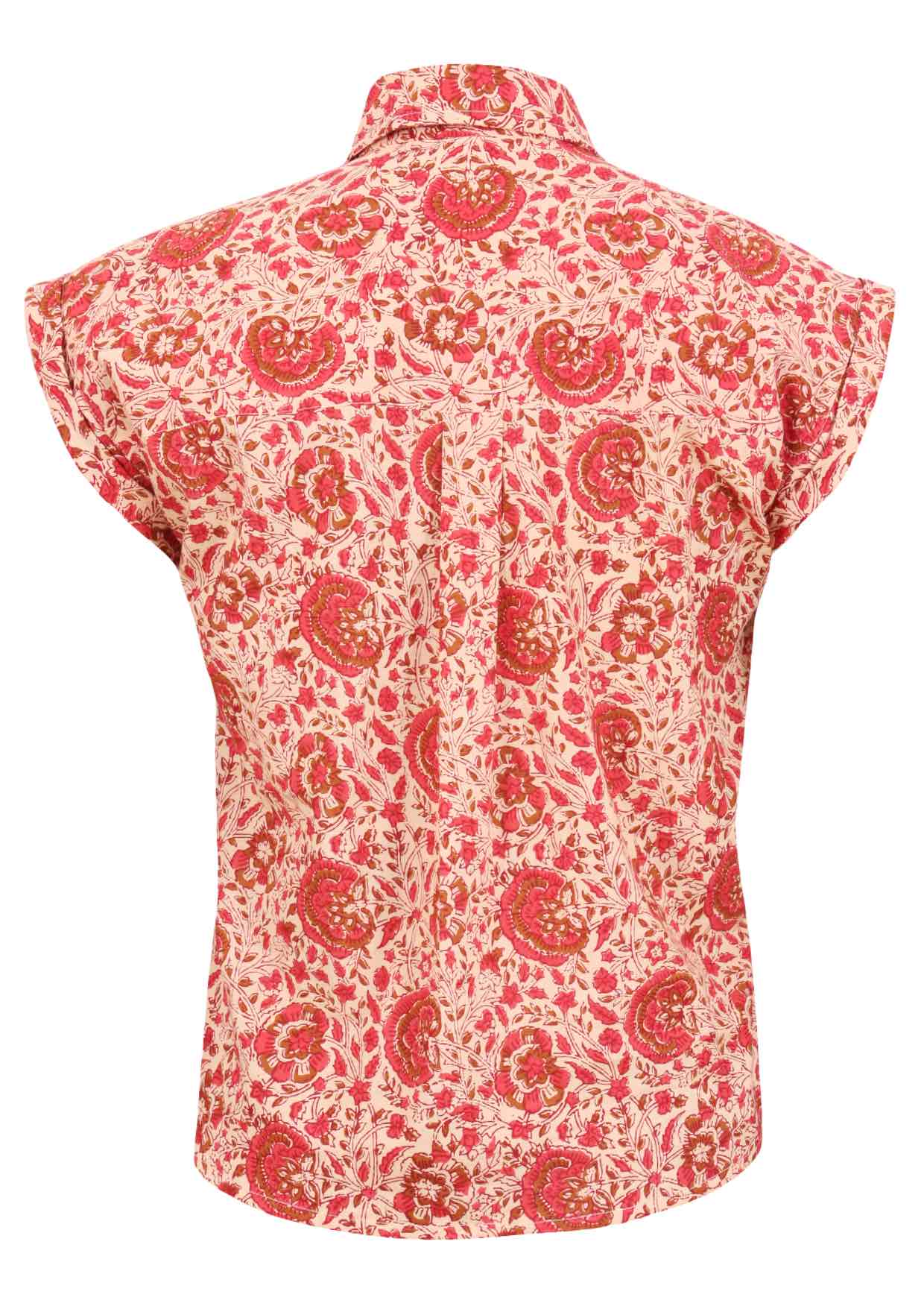 Back view of cream based warm floral print cotton shirt with a structured collar.