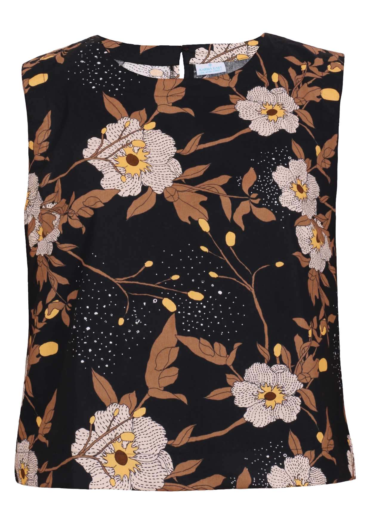 Black based floral print cotton top with round neckline.