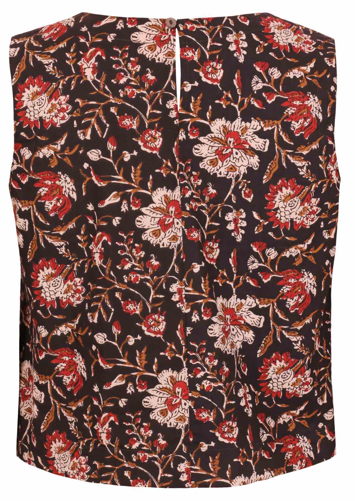 Black based traditional Indian floral print cotton top on a white background.