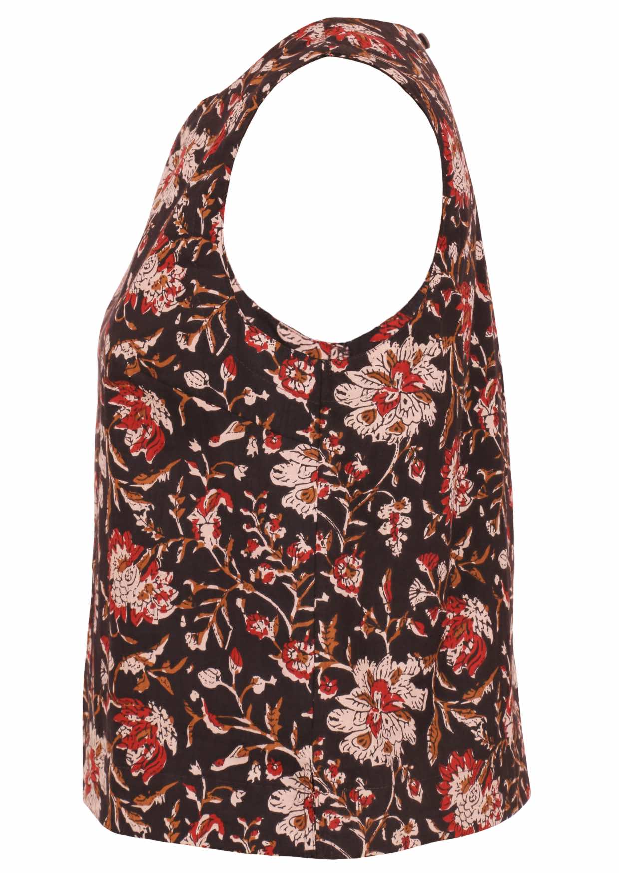Black based traditional Indian floral print cotton sleeveless top.