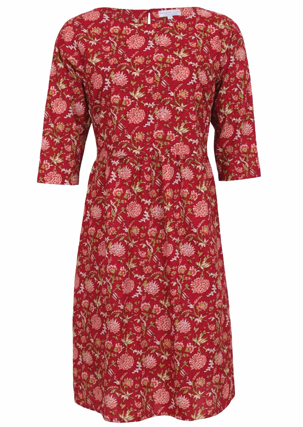 100% cotton dress featuring beautiful pink floral print on red base, wide round neckline and 3/4 sleeves.