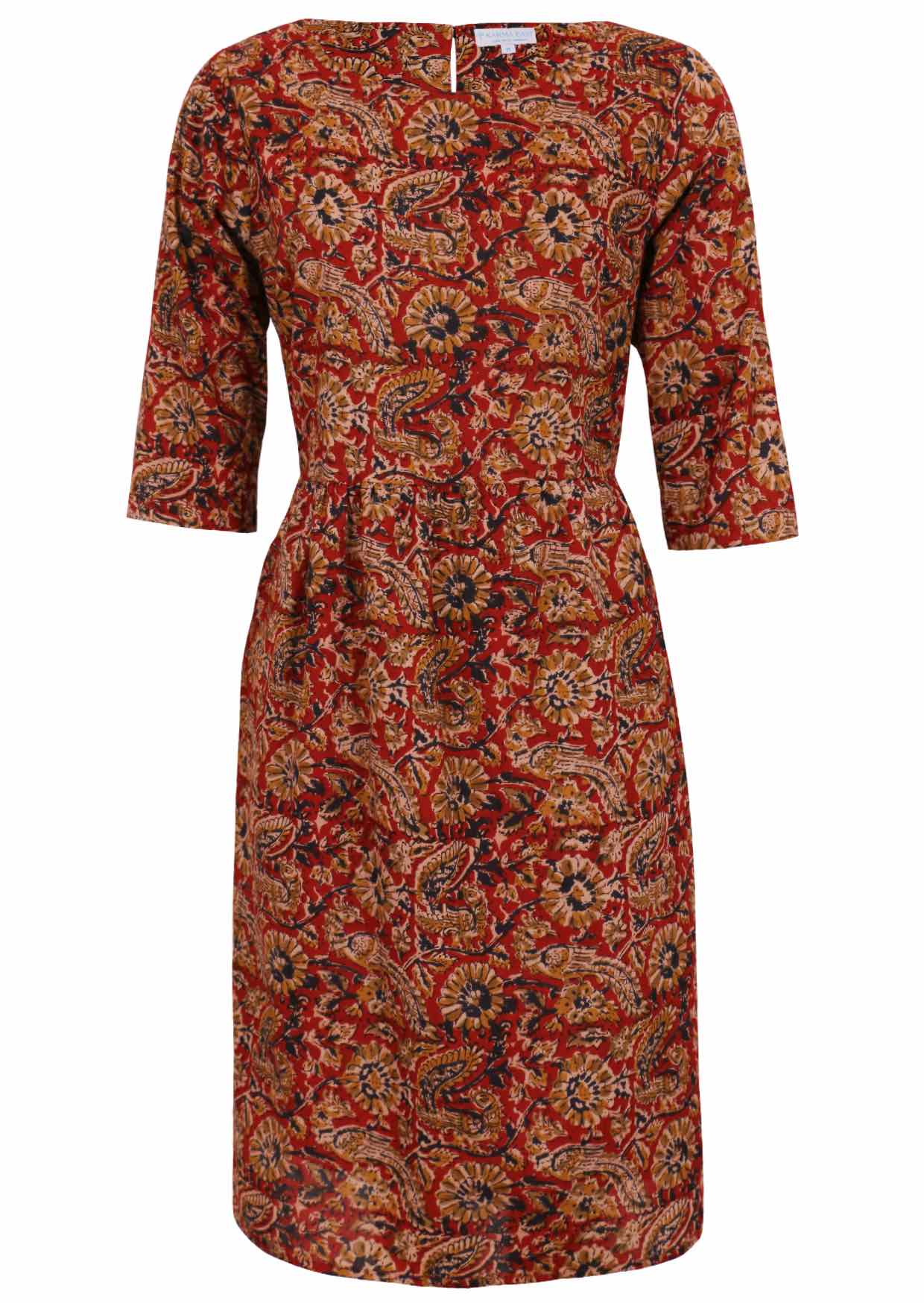 100% cotton dress in  warm indian floral print  with wide round neckline, 3/4 sleeves and lining.