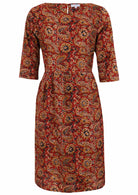 100% cotton dress in  warm indian floral print  with wide round neckline, 3/4 sleeves and lining.