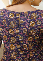 100% cotton floral print dress in dark purple with keyhole button closure at the back.