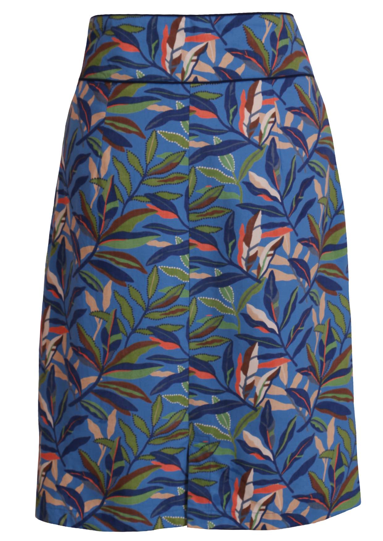 Cotton pencil skirt in leaf print on blue base with small split in centre back hem