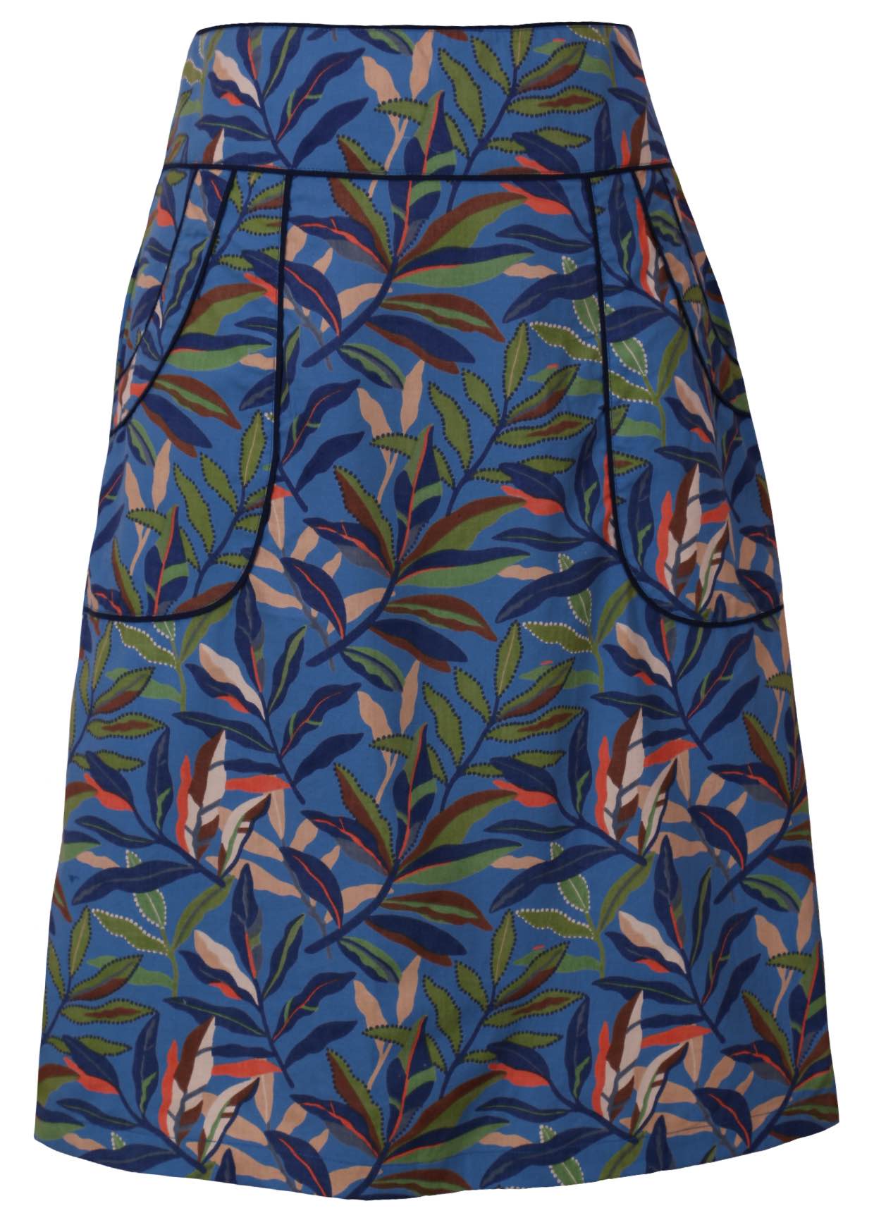 Cotton pencil skirt in leaf print on blue base with contrasting trim around the waistband and pockets
