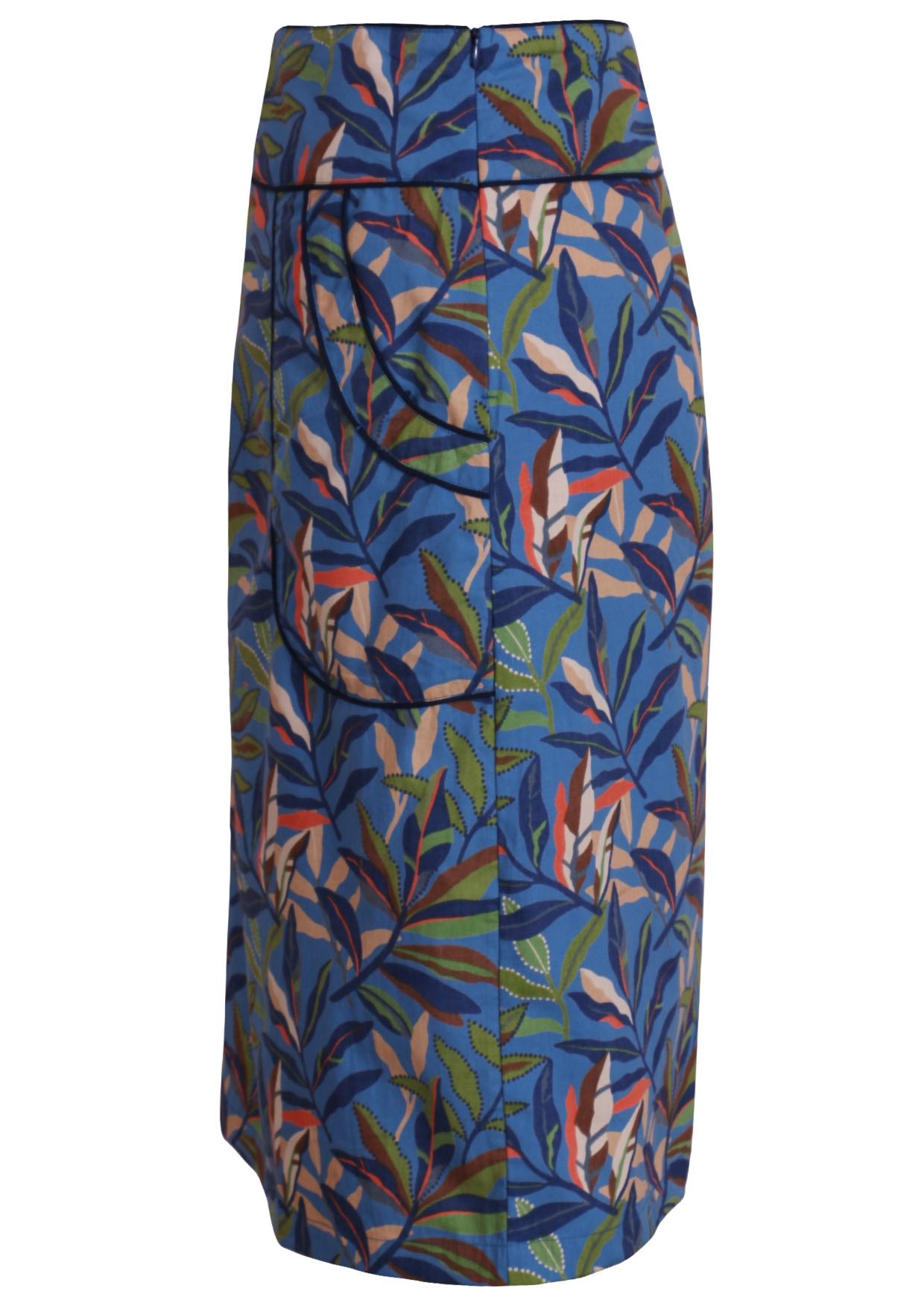 Cotton pencil skirt in leaf print on blue base with side zip and pockets