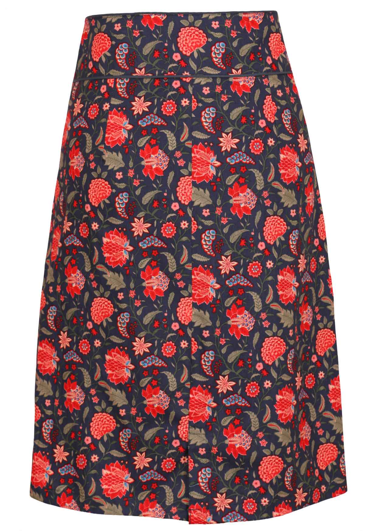 Blue based red floral print cotton pencil skirt with small split at centre back hem of skirt
