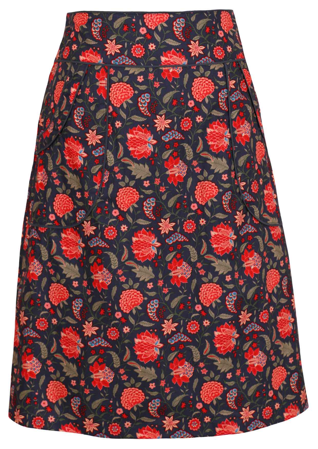 Blue based red floral print cotton pencil skirt with contrasting trim around pockets and waistband