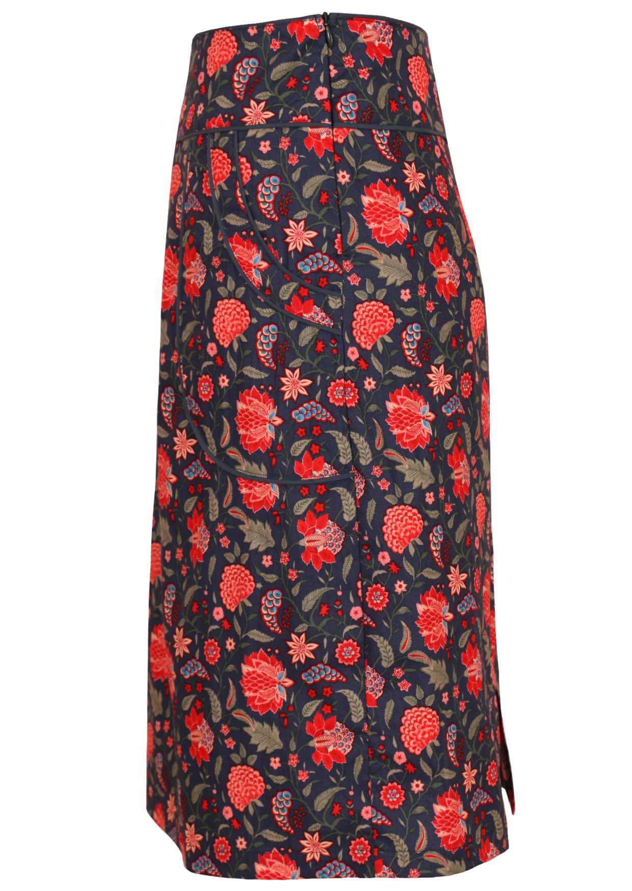 Blue based red floral print cotton pencil skirt with contrasting trim and side zip
