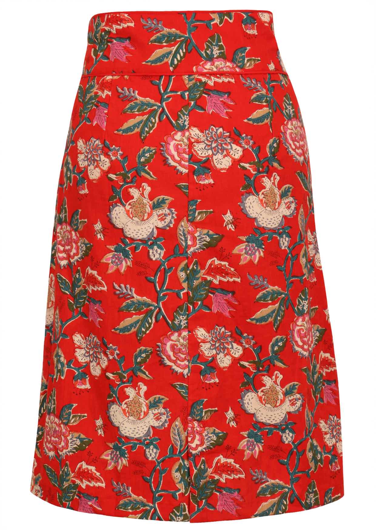 100% cotton knee length pencil skirt in red based floral print with side zipper and piped details across the waist and pocket