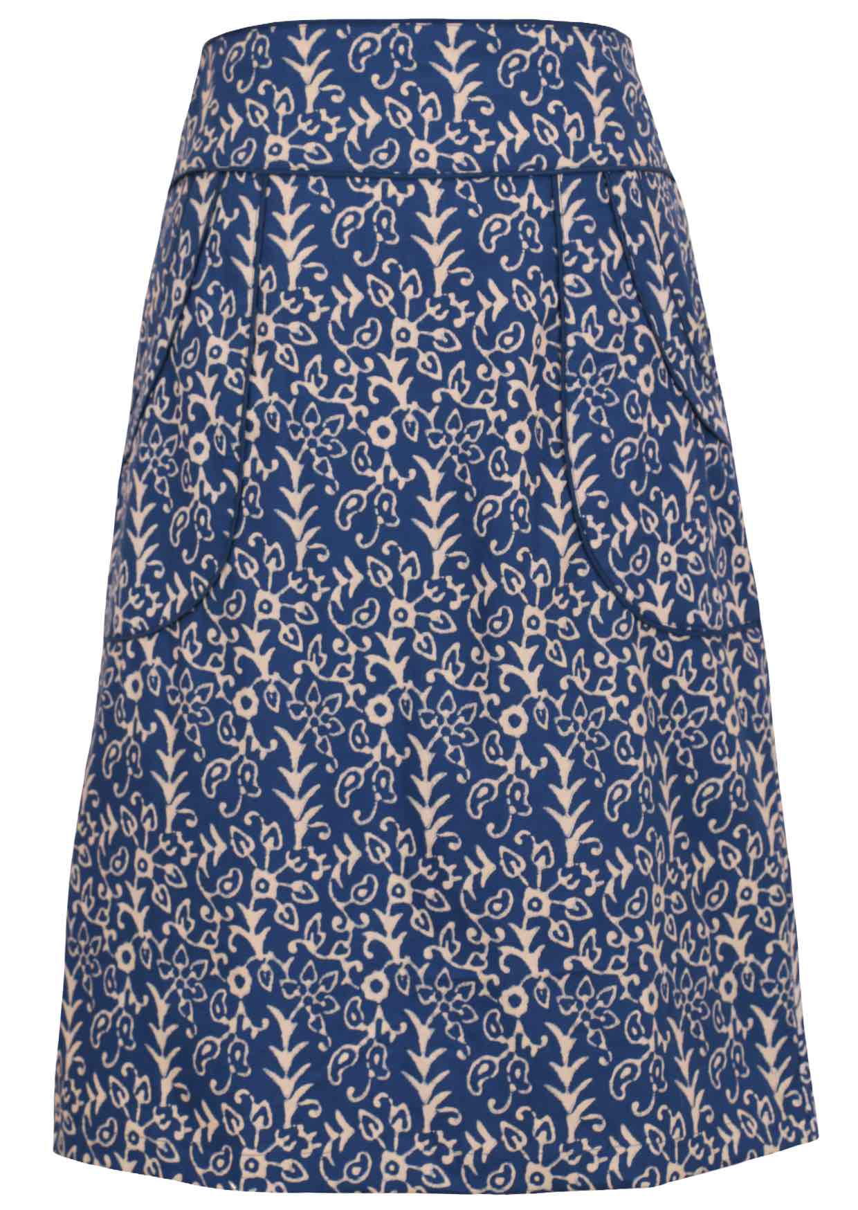 Front mannequin photo on cotton pencil skirt in floral on blue base with contrasting piped detail around the waistband and pockets