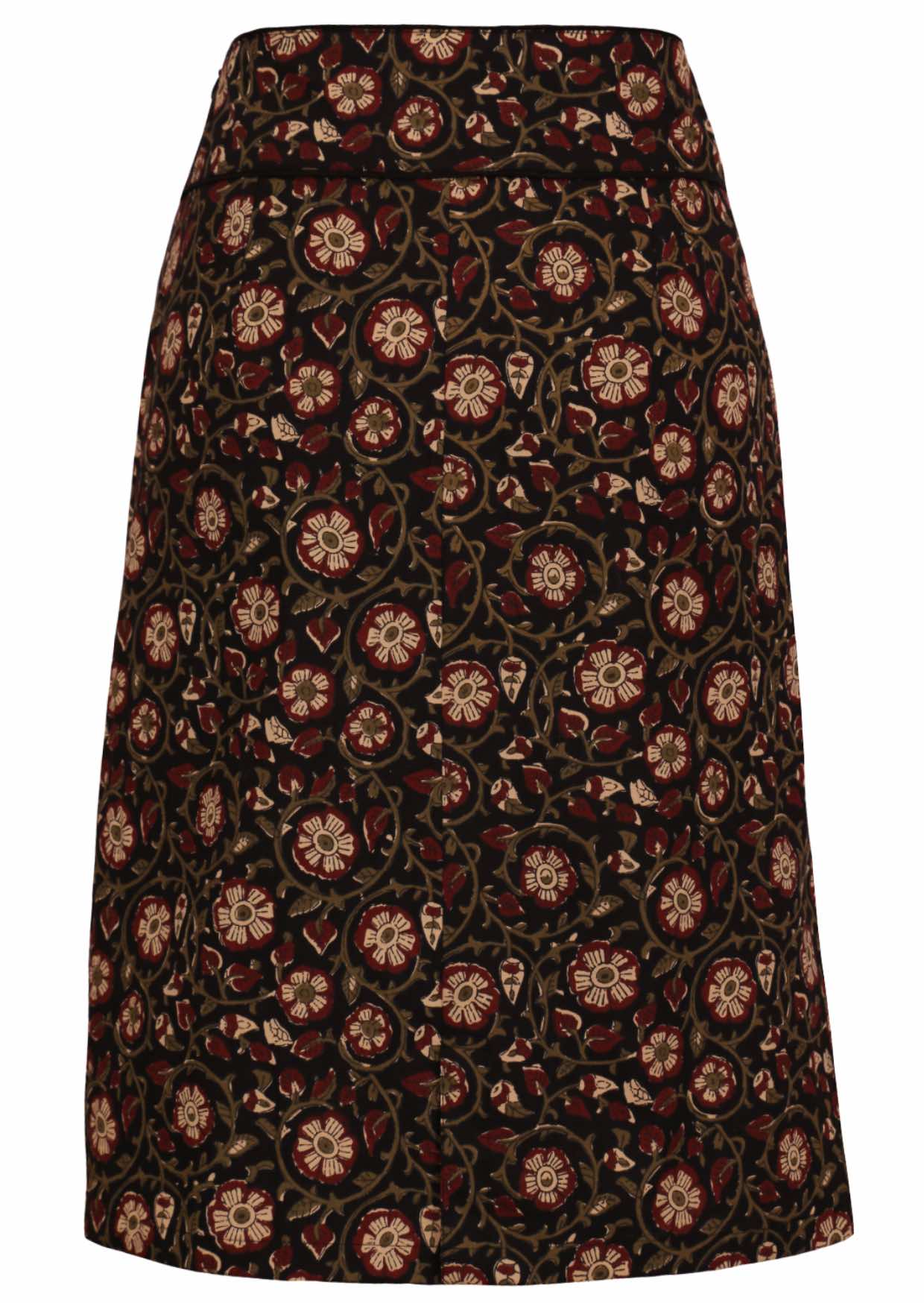 Cotton knee length skirt in black based floral print with wide waistband and small split at middle bottom hem.