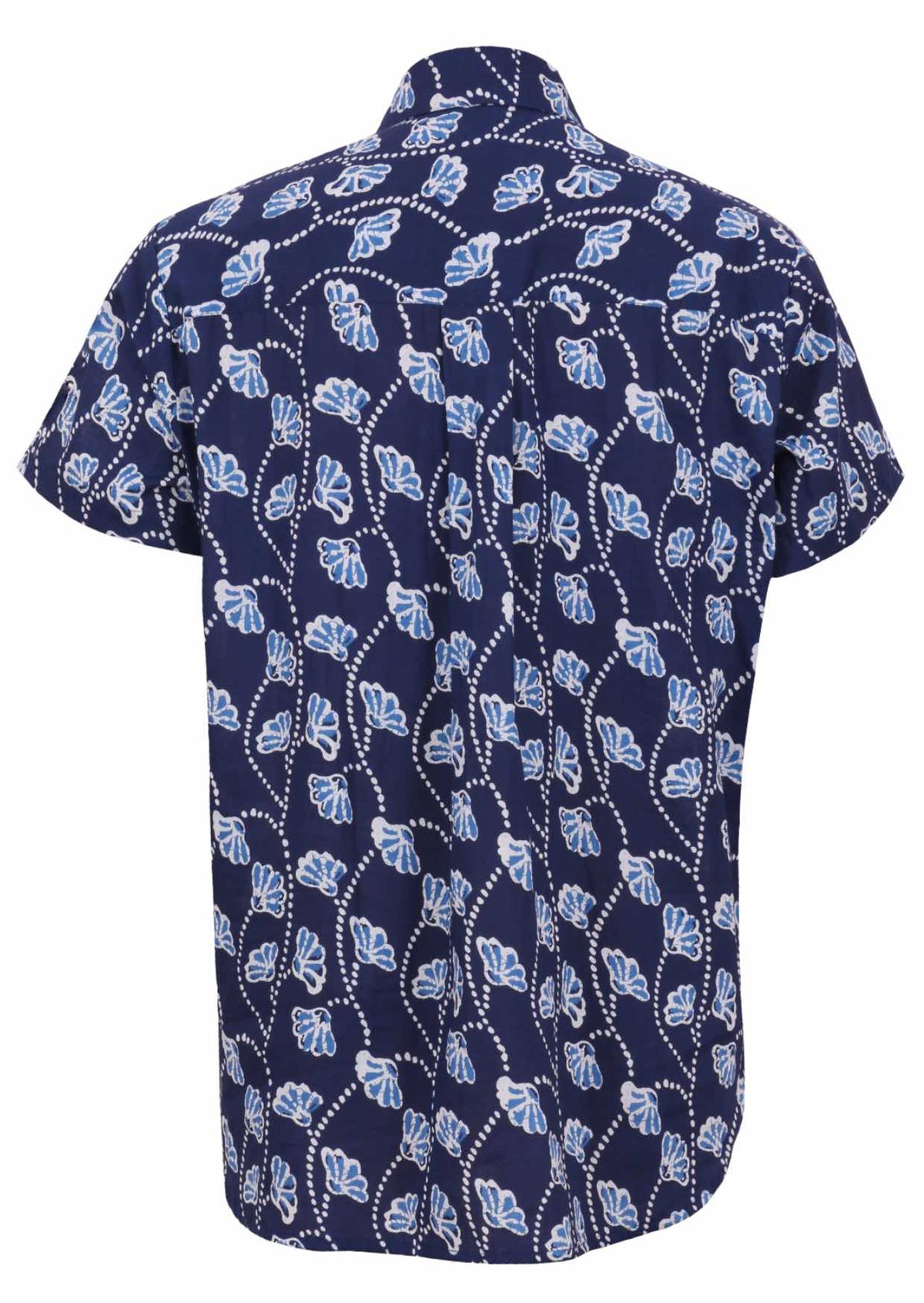 Back view of short-sleeve button-up relaxed fit cotton collared shirt in navy blue with a light blue and white floral print