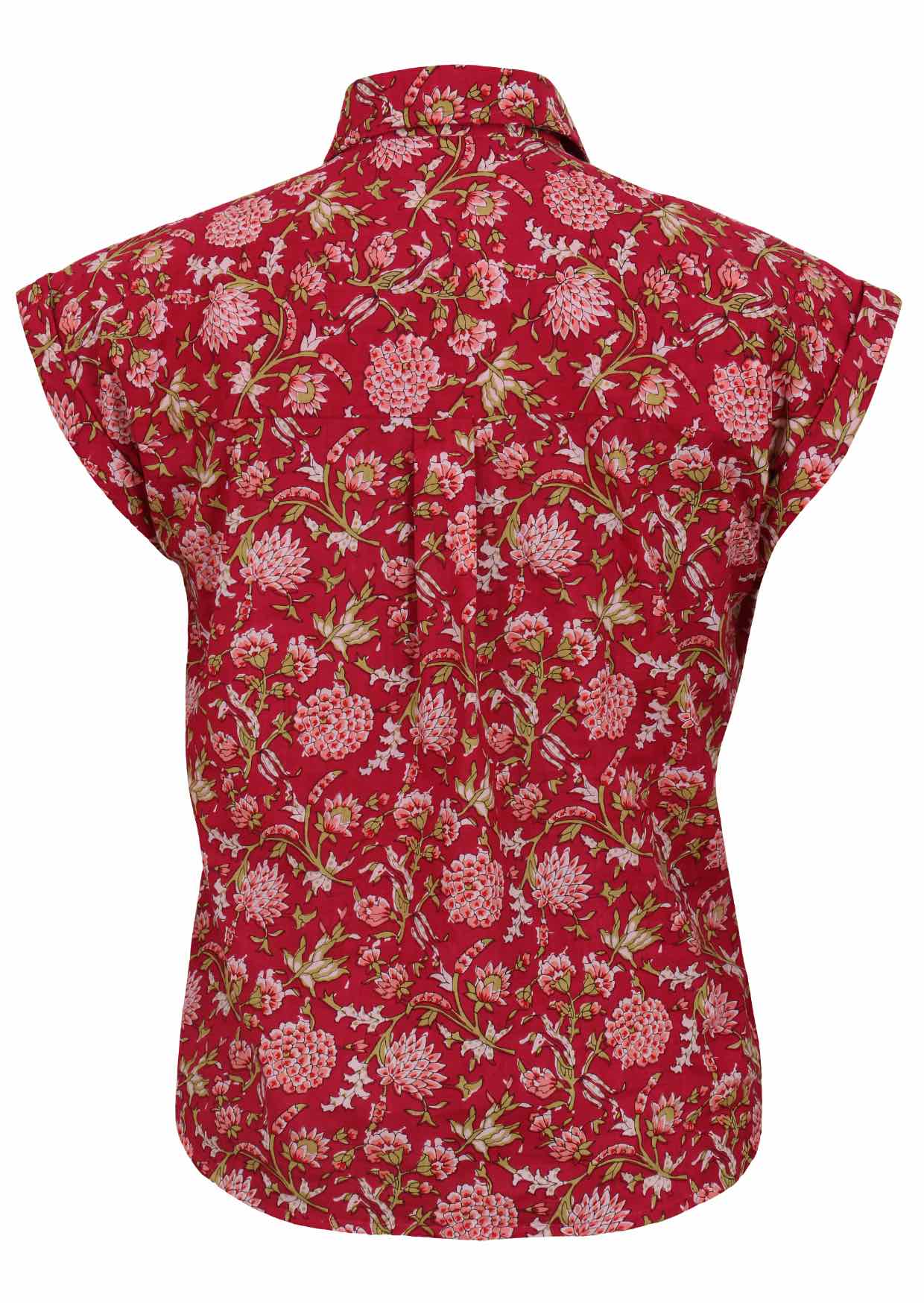 Back mannequin photo of cotton slim fit cap sleeved button through shirt with collar and centre box pleat in back