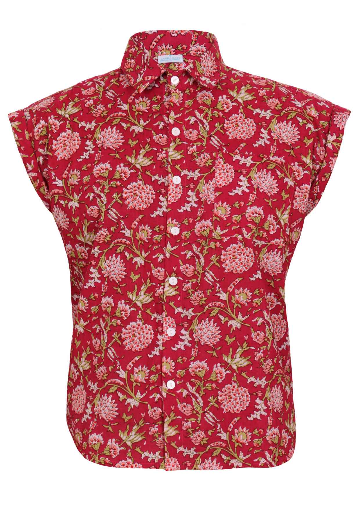 Front mannequin photo of cotton slim fit cap sleeved button through shirt with collar