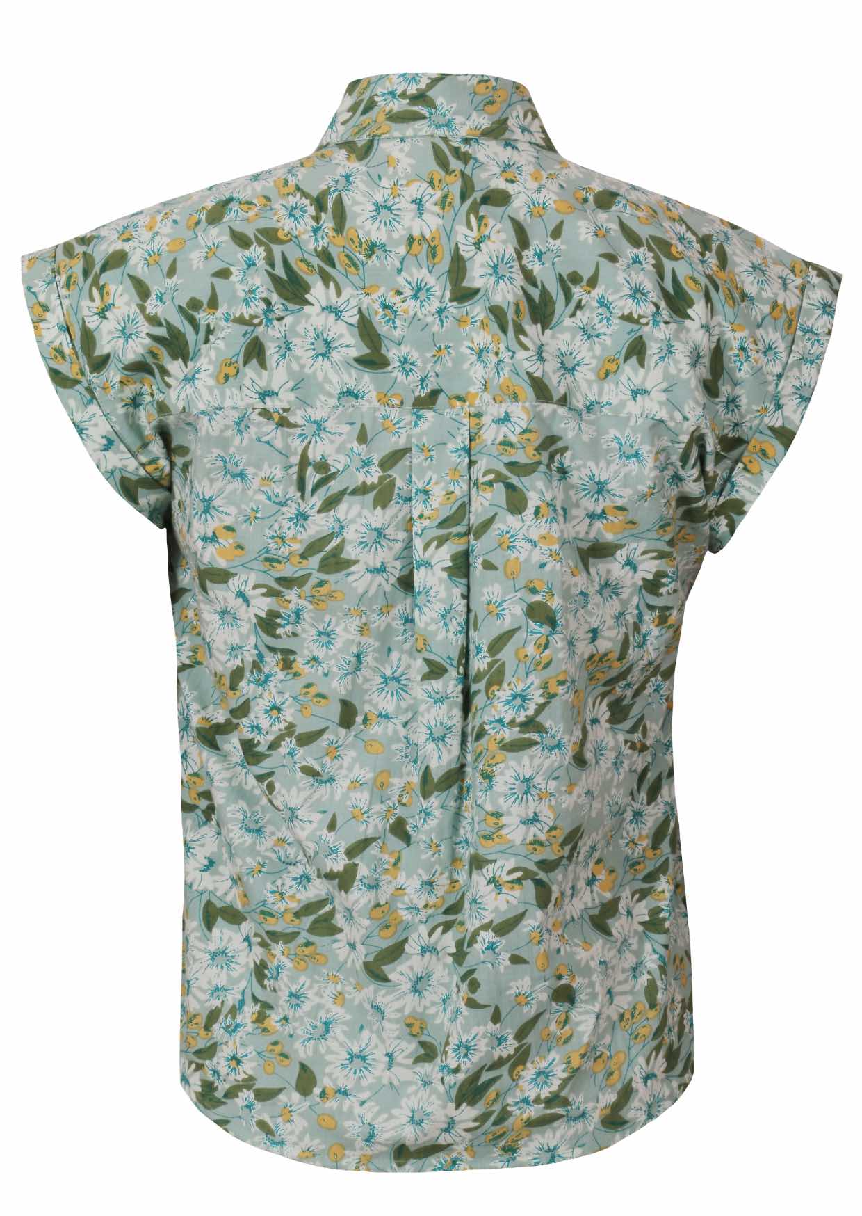 Back view of pale sage green based daisy print cotton shirt with collar and central bow pleat in centre of back