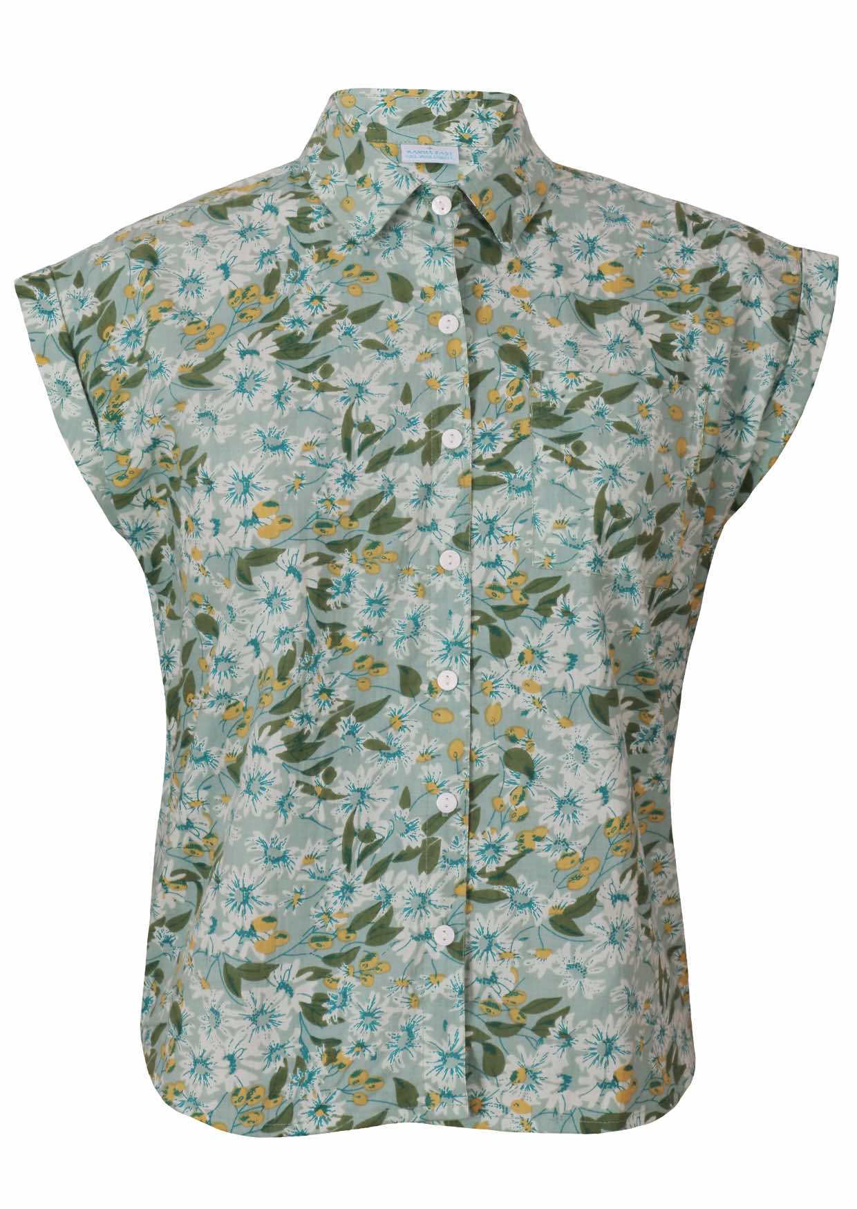 Pale sage green based daisy print cotton button through shirt with collar and cap sleeves