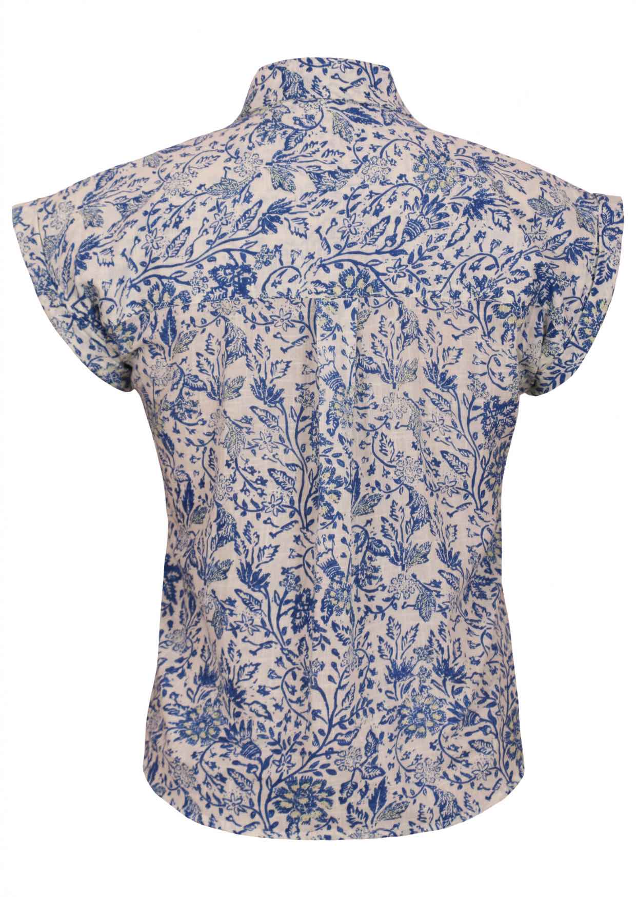 White based blue floral print cotton shirt on a mannequin against a white background