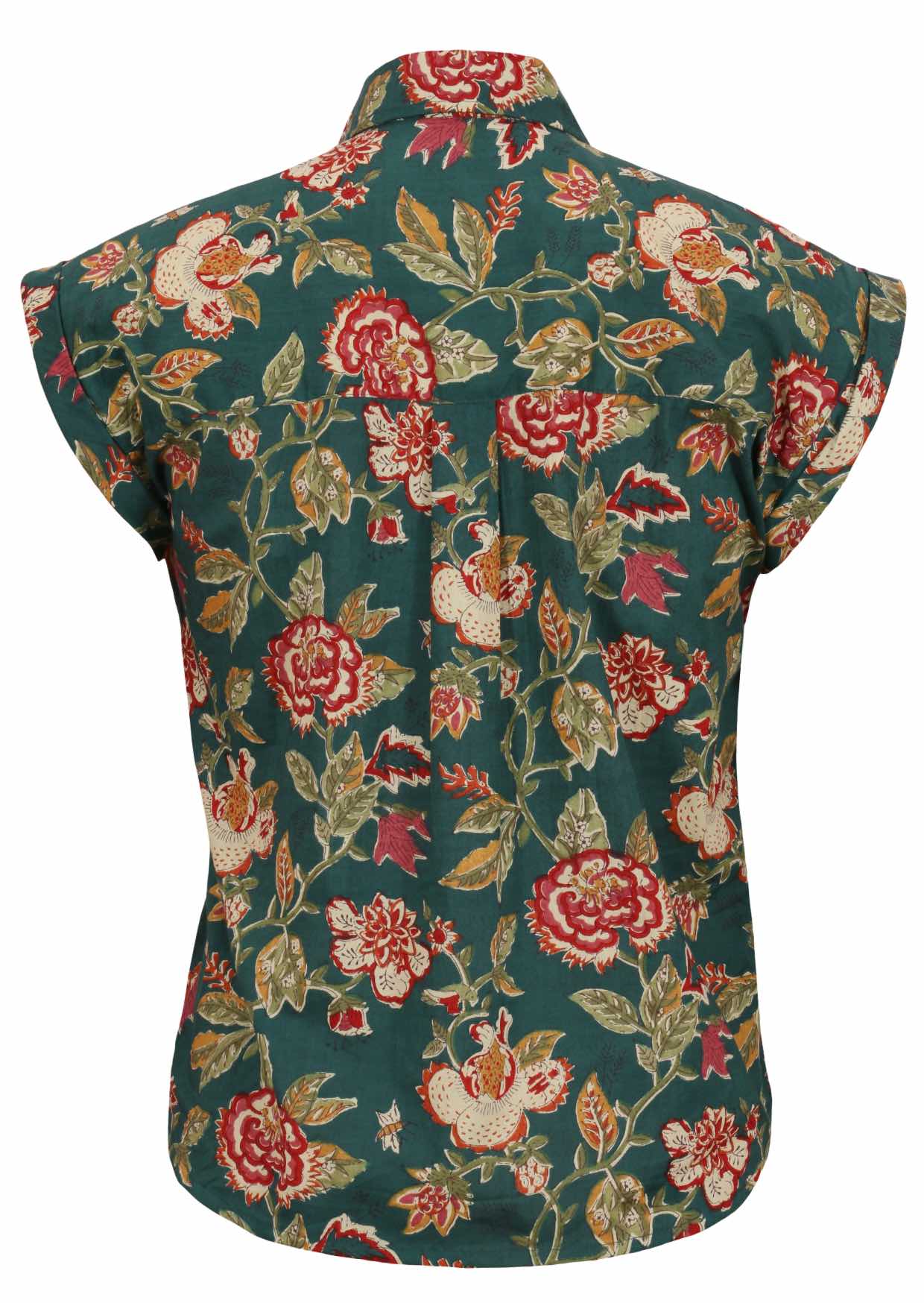 100% natural cotton slim-fit floral print shirt in green base, with cap sleeves and folded cuffs, collar and shell buttons