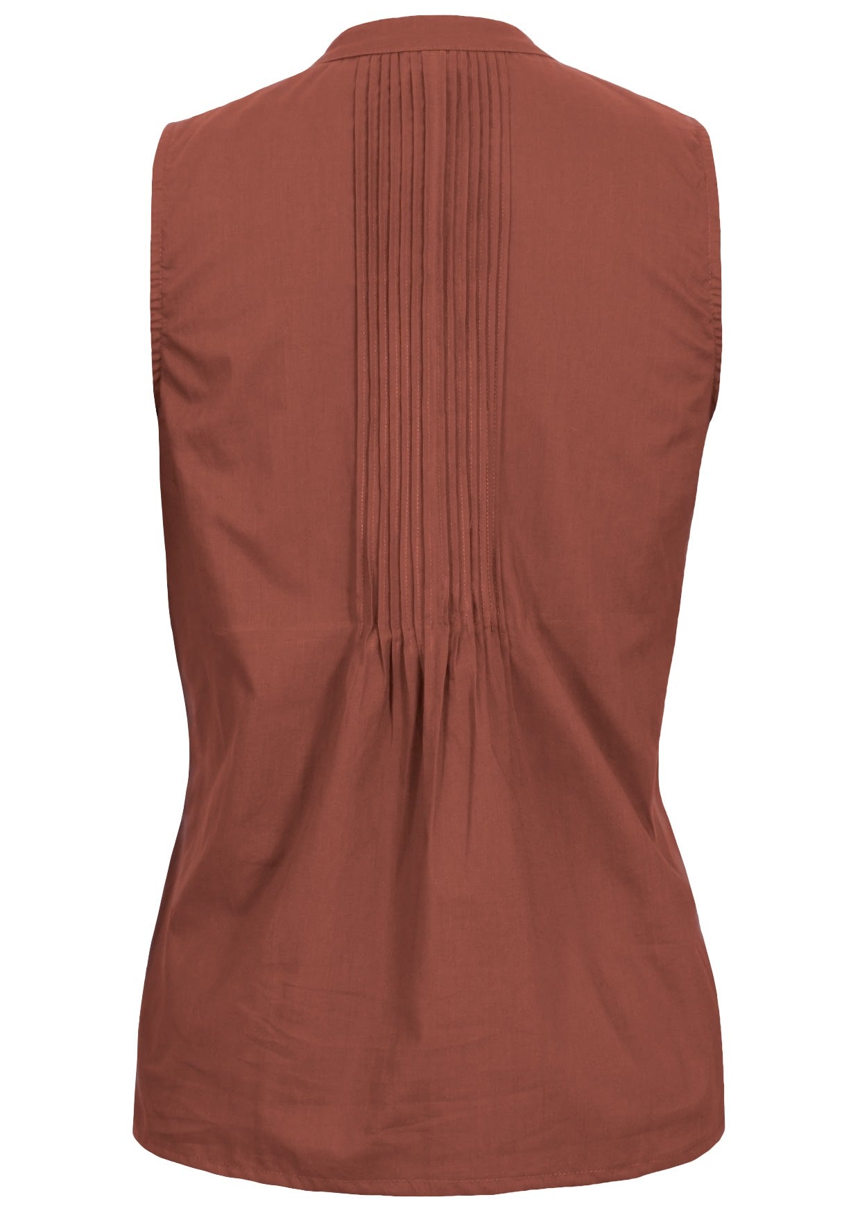 Back view of rust cotton sleeveless top with tiny decorative pleats in the center of the back
