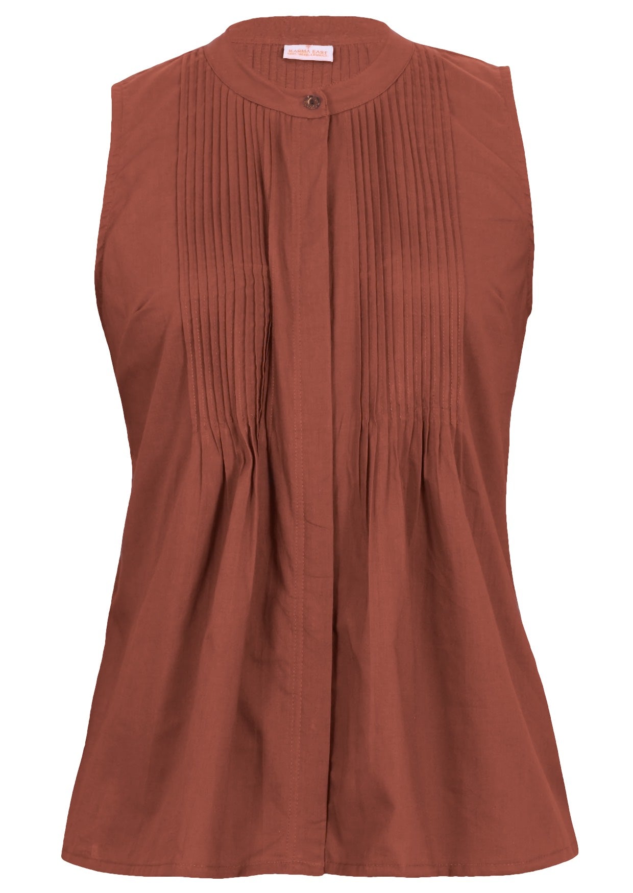 100% cotton sleeveless top in rusty shade with decorative pleats, mandarin collar and button