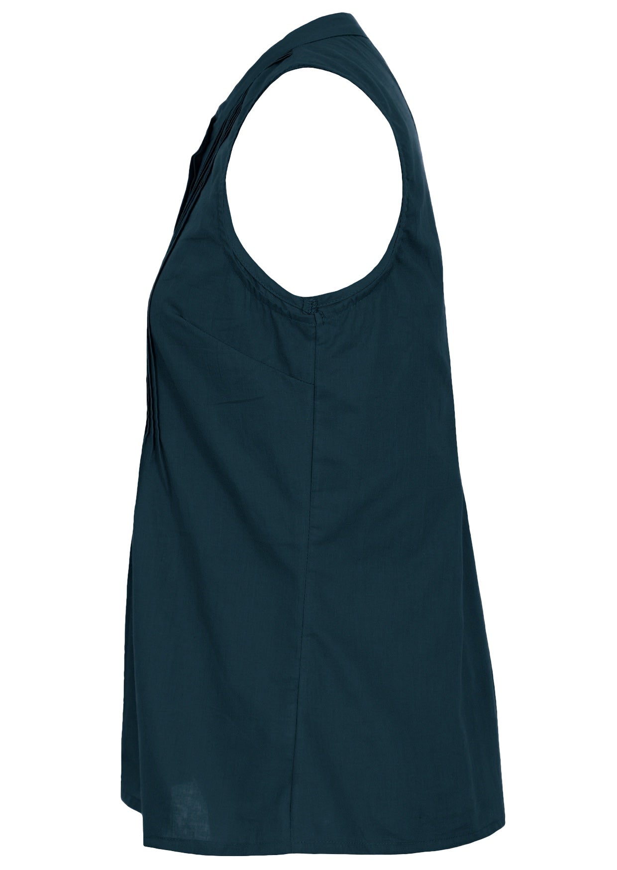 Deep teal sleeveless cotton top with tiny decorative pleats, mandarin collar and flared fit below the bust