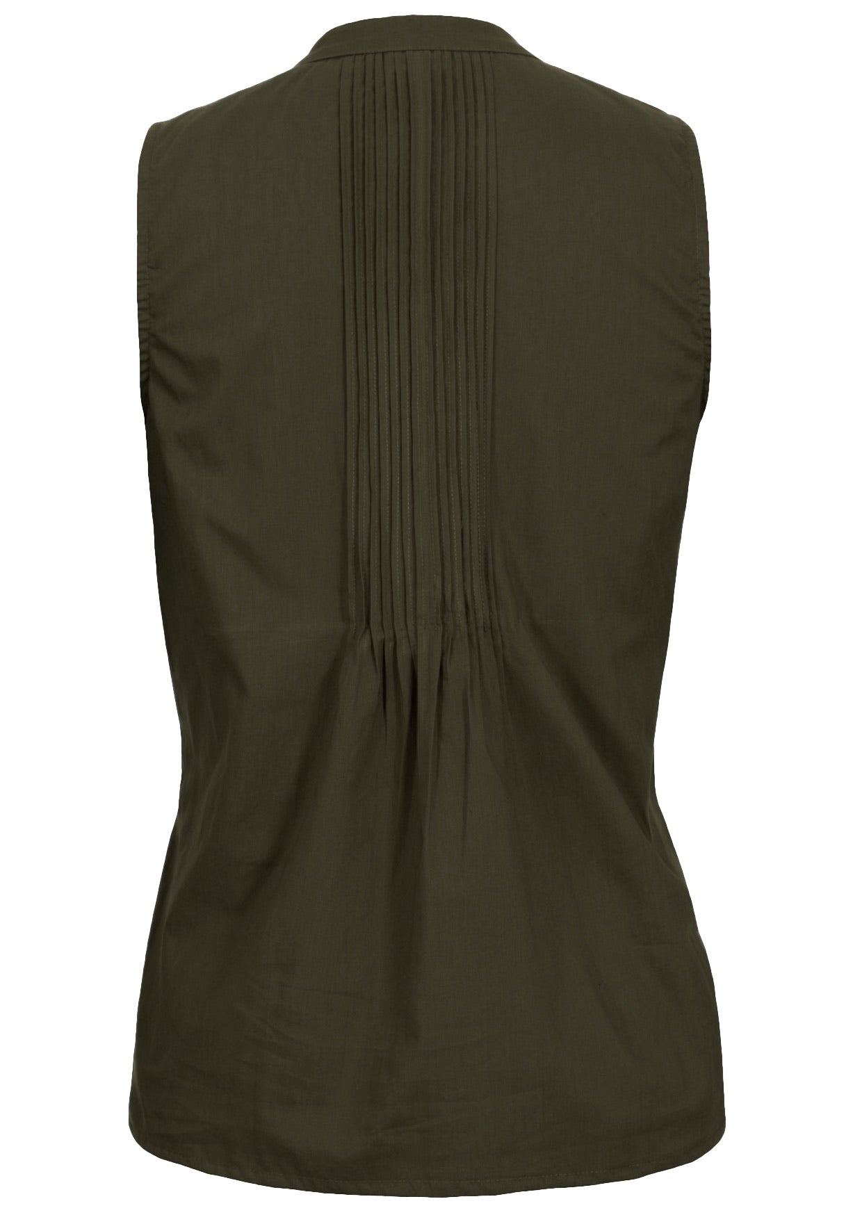 100% cotton sleeveless top in olive green with tiny decorative pleats in center of the back and front
