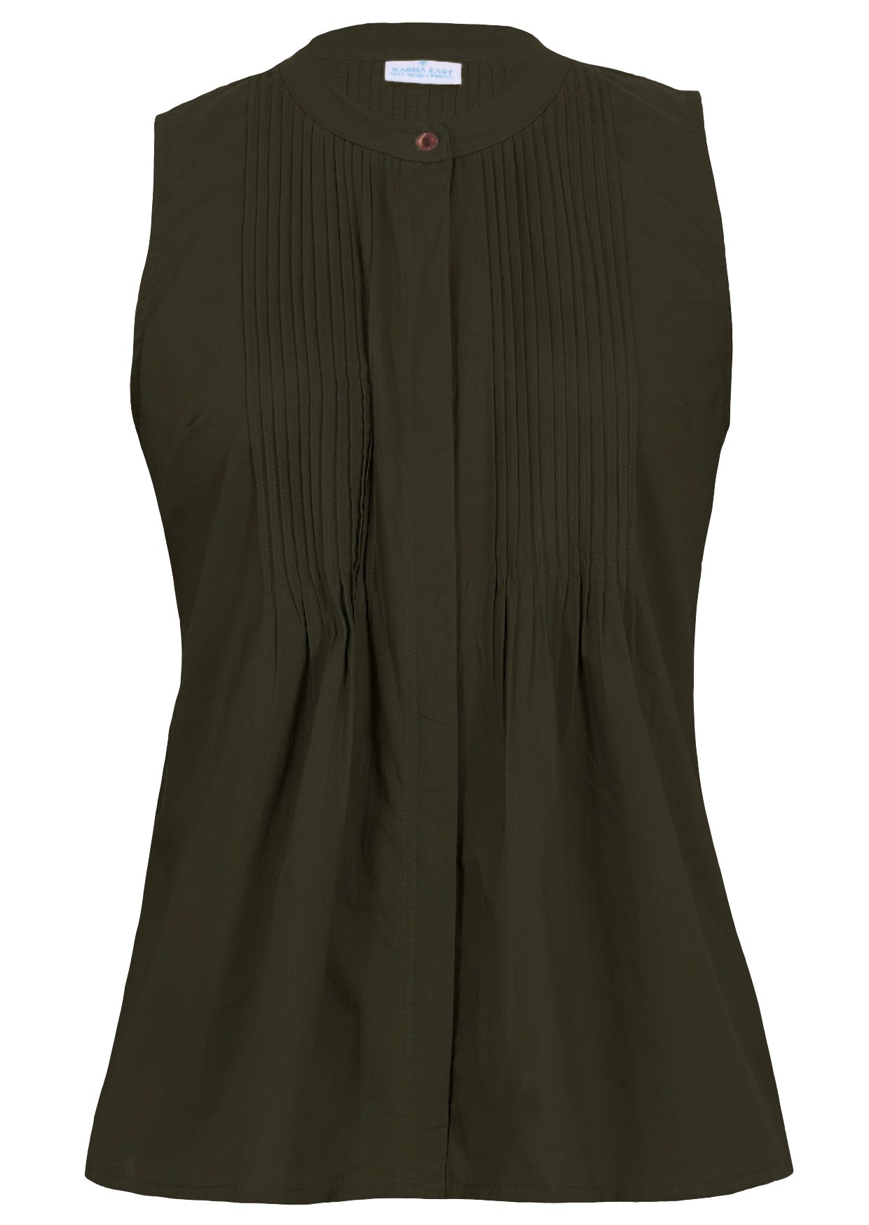 Sleeveless 100% cotton top in olive green shade with tiny decorative pleats, mandarin collar and a button