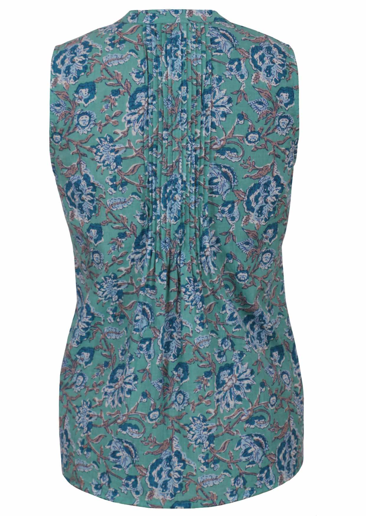 Back view of aqua blue sleeveless top with vertical decorative pleats at the center of the back