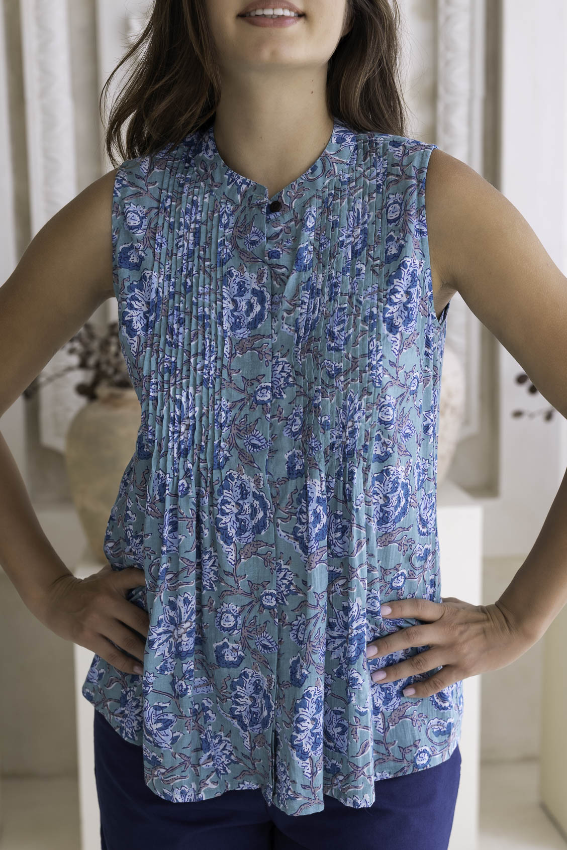 close up of aqua cotton blouse pin tuck collar detail