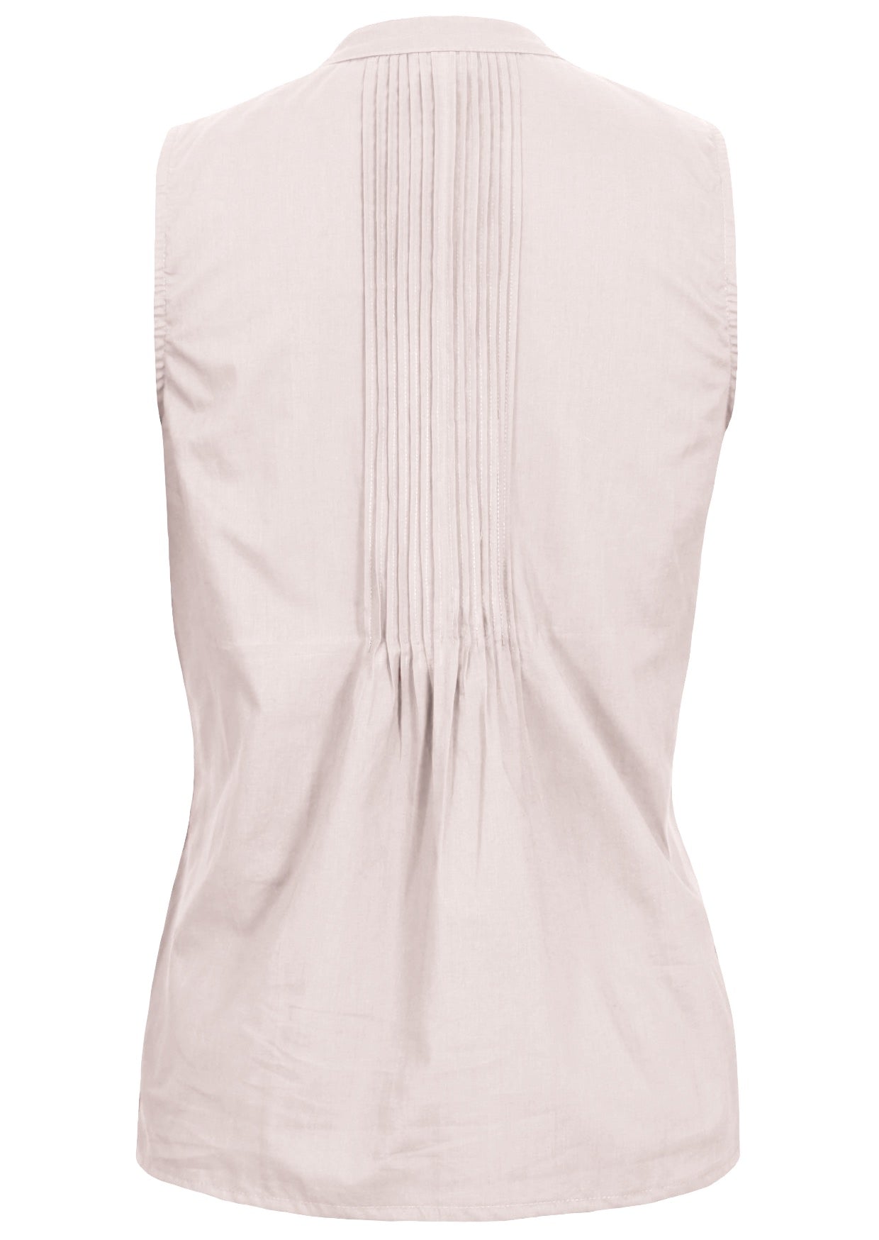 Back view of 100% cotton white sleeveless summer top with high round mandarin collar and small decorative pleats at center of the back