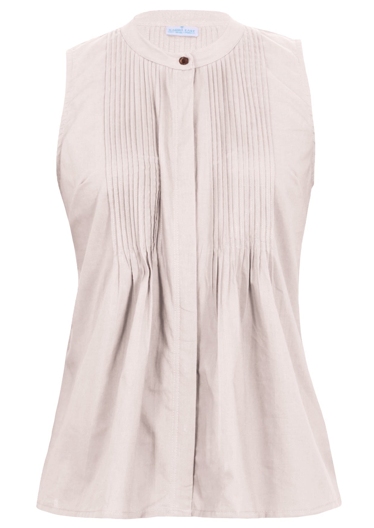 Sleeveless 100% cotton top in natural white with tiny decorative pleats, mandarin collar and a button