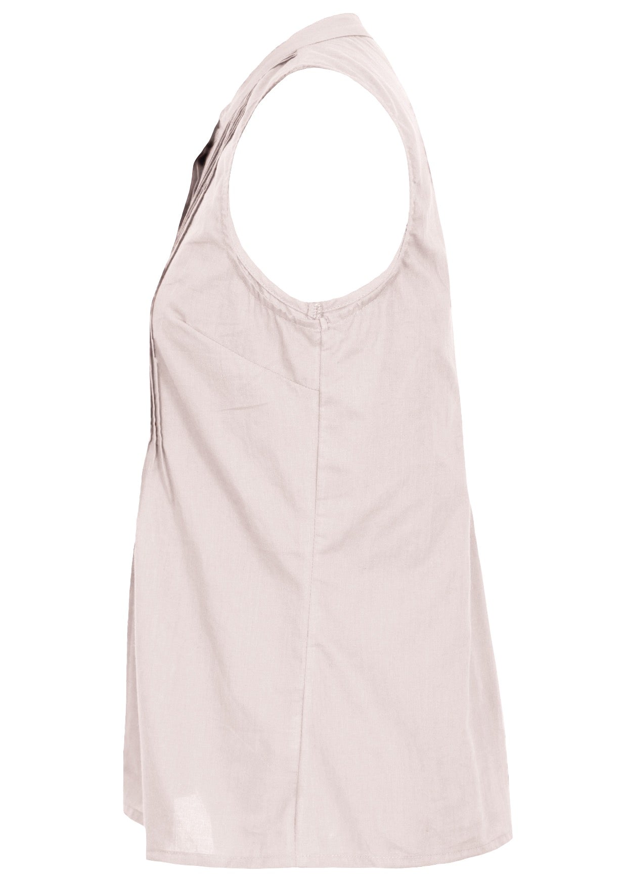 Side view of cotton sleeveless white top with high round neckline and flare below the bust