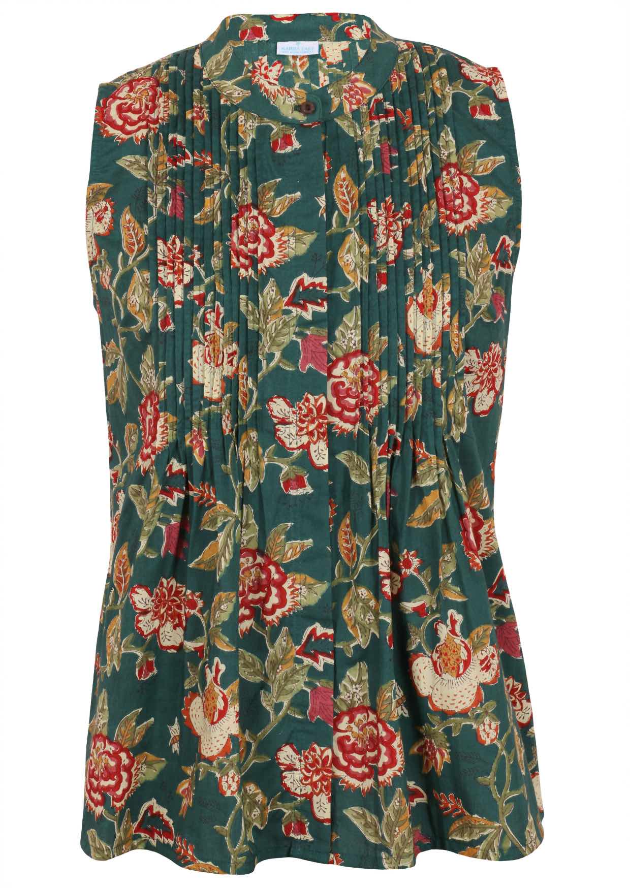 Sleeveless green based floral cotton top with button up collar, vertical small pleats and flared hem