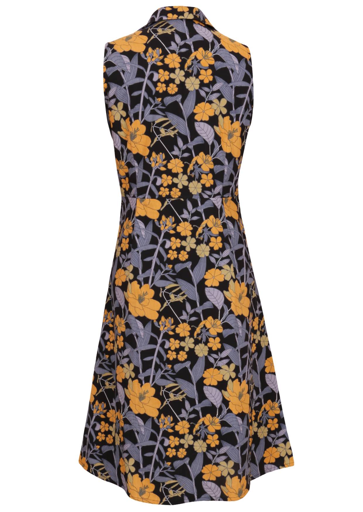 Back view of 100% cotton midi length, sleeveless collared dress with pockets, a-line skirt and button through front