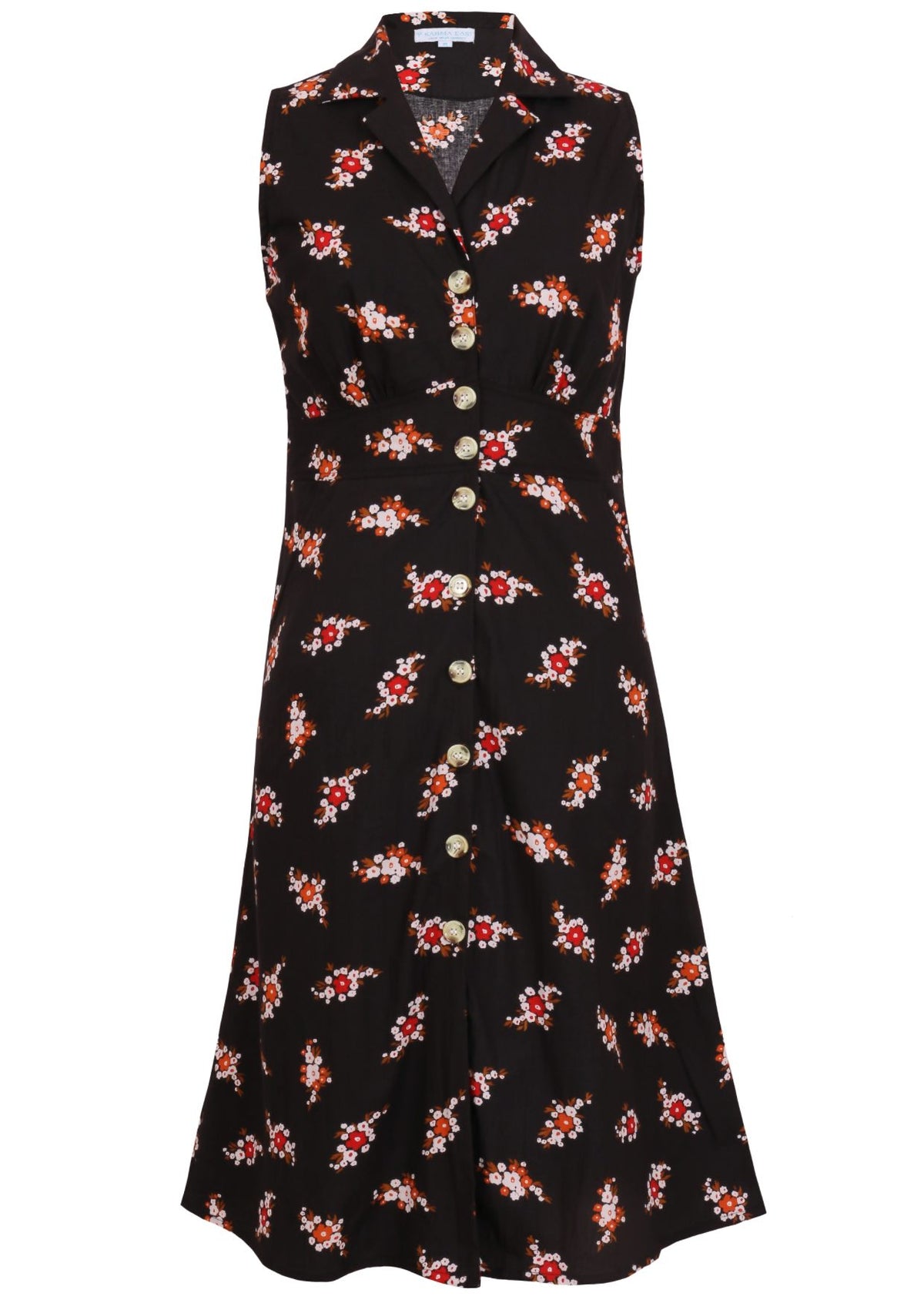 100% cotton sleeveless midi length, button through dress with collar and pockets in black based floral print
