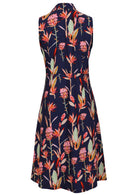 Back image of 100% cotton midlength dress with A line skirt and pockets.