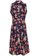 100% cotton Fit and flare, button through navy dress in pink and green native floral print.