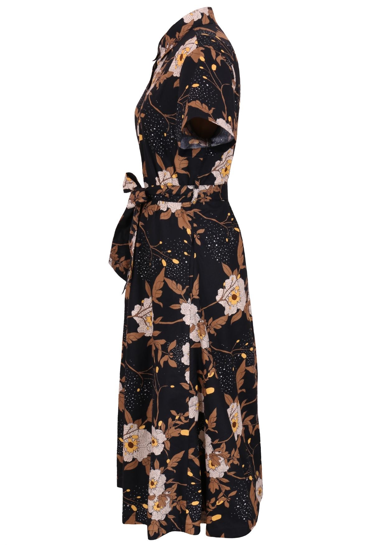 100% cotton shirt style maxi dress with removable fabric waist tie and side pockets in a black based floral print