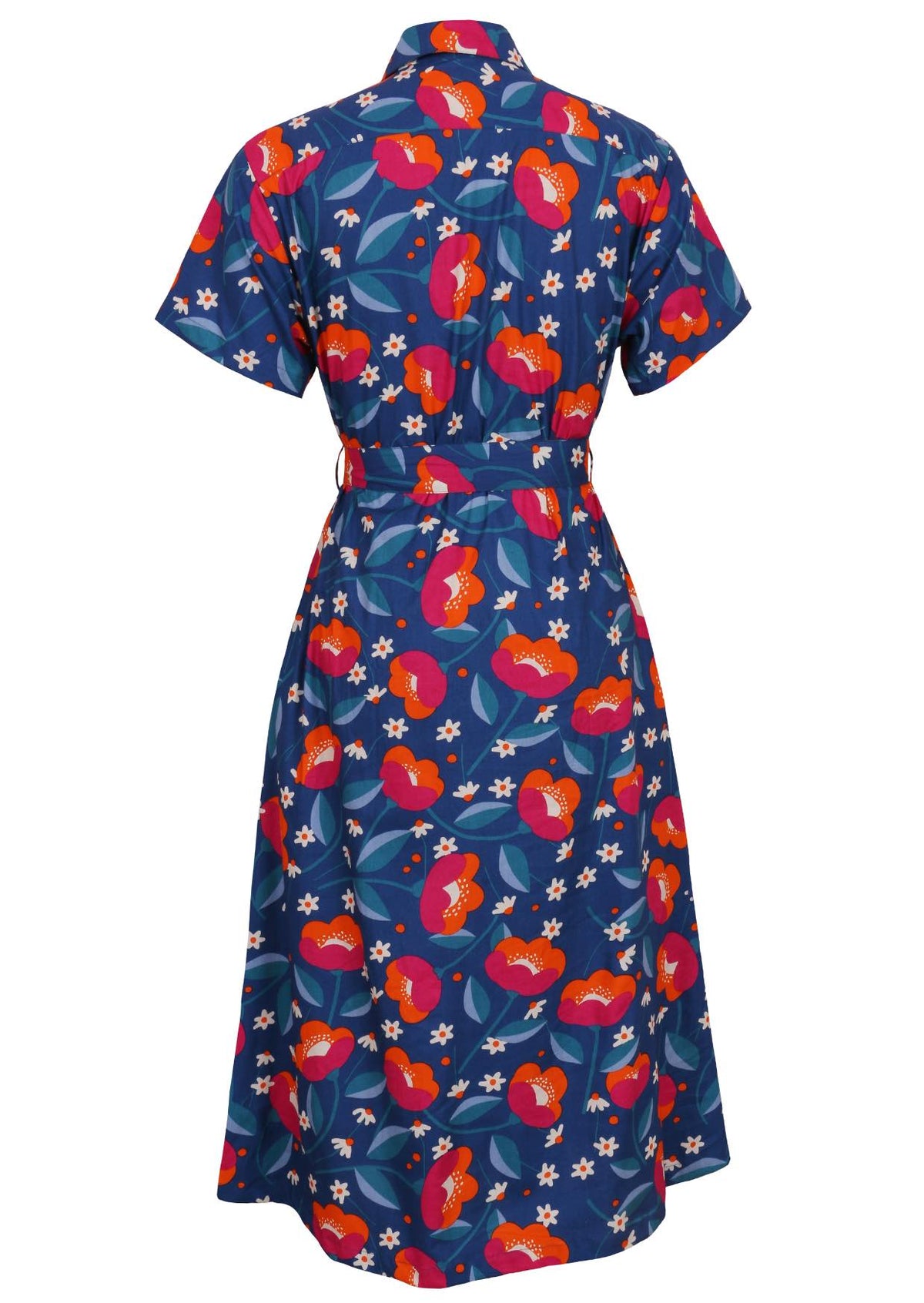 Button through cotton shirt dress with short sleeves, pockets and structured collar
