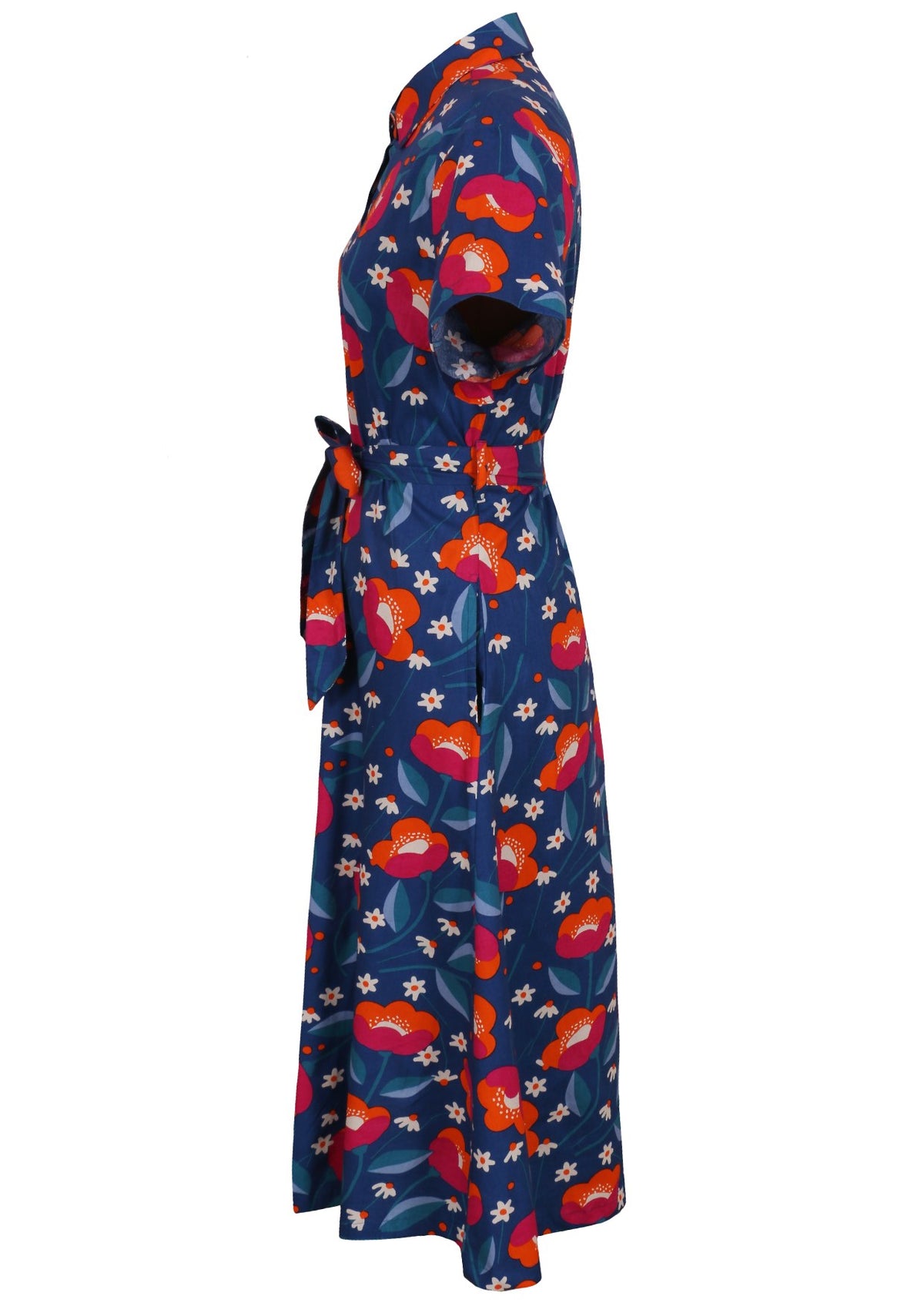 100% cotton shirt style maxi dress with removable fabric waist tie and side pockets in a blue based print
