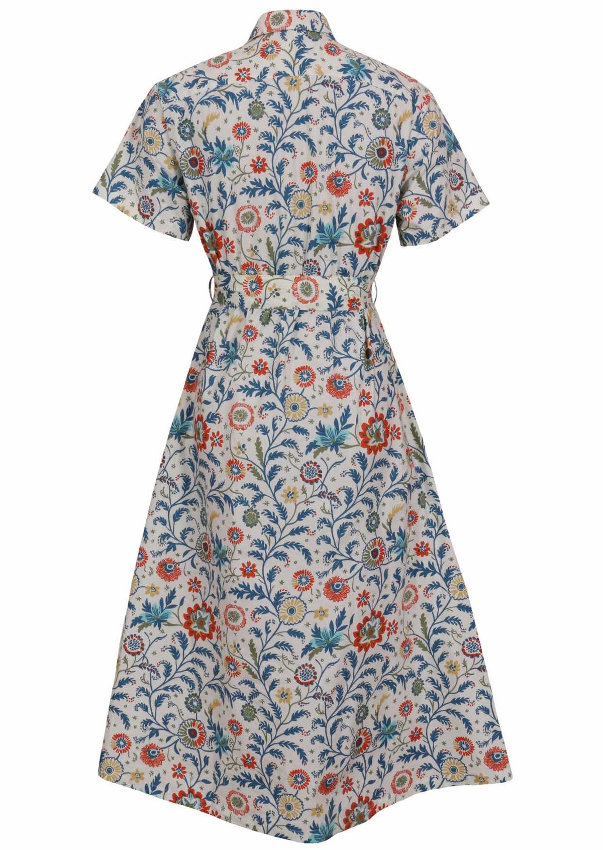 Button through cotton shirt dress with short sleeves, pockets and structured collar