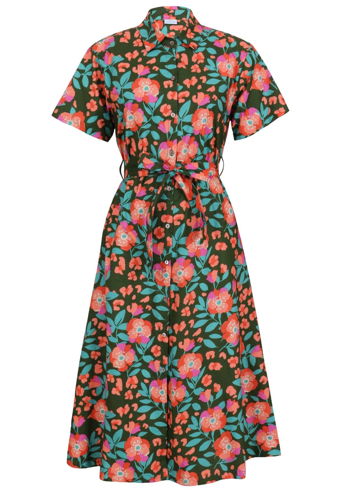 Button through shirt style cotton dress with collar, short sleeves and fabric waist tie