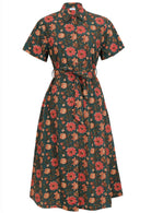 100% cotton button through shirt dress with collar, short sleeves and wide removable waist tie.