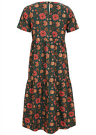 Cotton midi length dress with short sleeves, tiered skirt and button closure at back of neck.