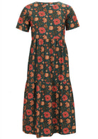100% cotton midi length dress with short sleeves, tiered skirt and empire waist.