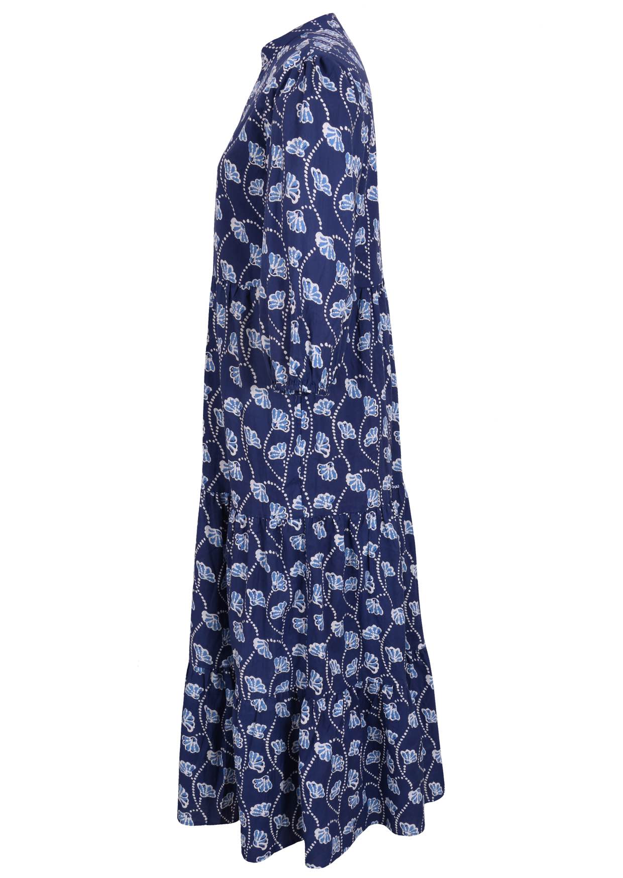 Side view of a full length maxi dress with 3 tiered flowy skirt, mandarin collar, buttoned bodice and pockets